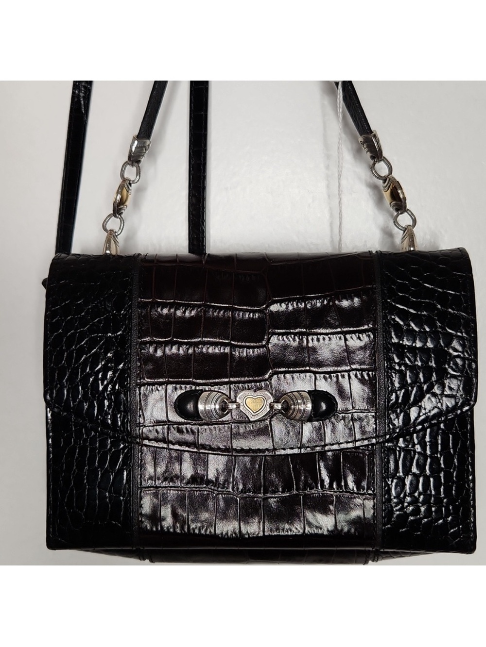 Brighton Black Croc-Embossed Crossbody with Heart Clasp